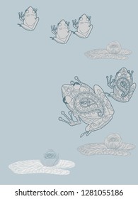 Linear illustration of frogs and lotus, lily flowers. Concept for boutique, jewelry, fashion, flyer, banner design.