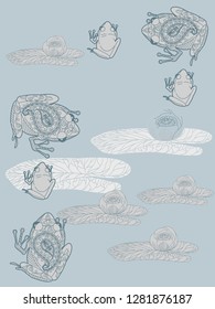 Linear illustration of frogs and lotus, lily flowers. Concept for boutique, jewelry, fashion, flyer, banner design.