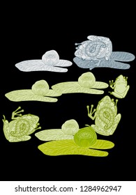 Linear illustration of frogs and lotus, lily flowers. Concept for boutique, jewelry, fashion, flyer, banner design
