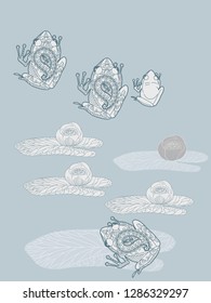 Linear illustration of frogs and lotus, lily flowers. Concept for boutique, jewelry, fashion, flyer, banner design.
