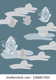 Linear illustration of frogs and lotus, lily flowers. Concept for boutique, jewelry, fashion, flyer, banner design.