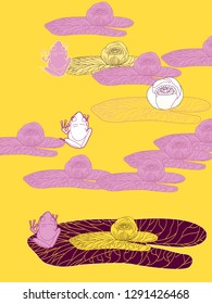 Linear illustration of frogs and lotus, lily flowers. Concept for boutique, jewelry, fashion, flyer, banner design.