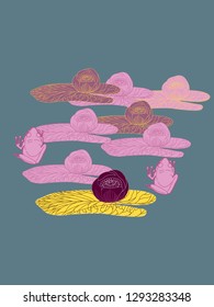 Linear illustration of frogs and lotus, lily flowers. Concept for boutique, jewelry, fashion, flyer, banner design.