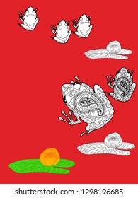 Linear illustration of frogs and lotus, lily flowers. Concept for boutique, jewelry, fashion, flyer, banner design.