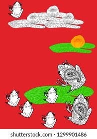 Linear illustration of frogs and lotus, lily flowers. Concept for boutique, jewelry, fashion, flyer, banner design.