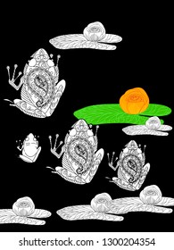 Linear illustration of frogs and lotus, lily flowers. Concept for boutique, jewelry, fashion, flyer, banner design.