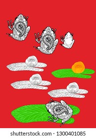 Linear illustration of frogs and lotus, lily flowers. Concept for boutique, jewelry, fashion, flyer, banner design.