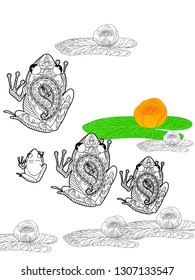 Linear illustration of frogs and lotus, lily flowers. Concept for boutique, jewelry, fashion, flyer, banner design.