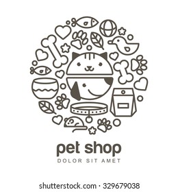 Linear illustration of funny muzzle of cat and dog. Goods for animals, vector icons set. Abstract design concept for pet shop or veterinary. 