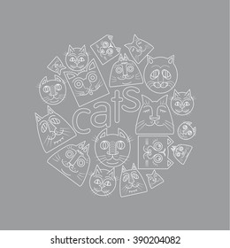 Linear illustration of funny muzzle cats . Vector icons set.  Print for clothes.