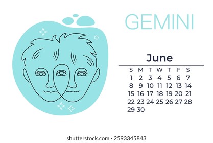 linear illustration of gemini, twins. minimalistic concept for astrology, zodiac, creative storytelling. elegant linear astrological symbol logo template with june calendar.