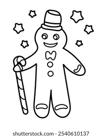 Linear illustration of a gingerbread man with a cane.Children's coloring book.Christmas Doodles.Gingerbread man icon, Christmas food