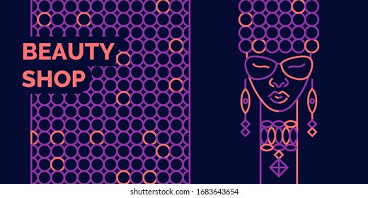 Linear illustration. A girl of African appearance advertises a fashion salon. Fashionable vector graphics. A poster with a picture of a woman looking forward. Banner for a beauty salon.