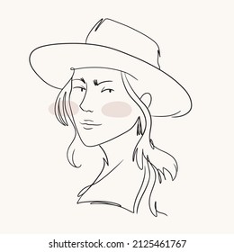 Linear illustration of a girl in a hat.Stylish abstract portrait.Scandinavian Minimalism.Hand drawn flat illustration.