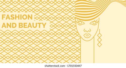 Linear illustration of a girl's face on a background. Fashionable vector graphics. A poster of a woman looking ahead. Banner for Beauty parlour.