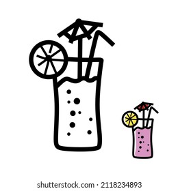 Linear illustration of a glass of lemonade with a lemon and a straw. Summer drink. Refreshing drink. . Coloring book for children.