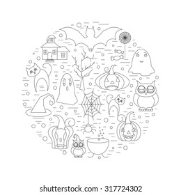 Linear illustration of halloween clip art in circle shape. Vector graphic set with cute halloween doodles