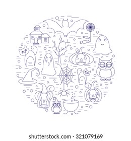 Linear illustration of halloween clip art in circle shape. Vector graphic set with cute halloween doodles