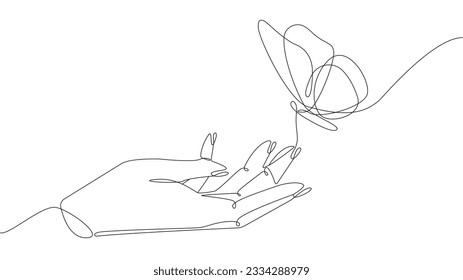 linear illustration of hand and butterfly. Isolated on a white background. Vector illustration