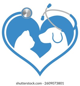 Linear illustration hand drawn dog and cat with heartbeat on white background