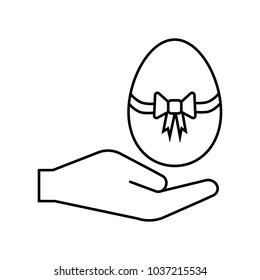 Linear illustration of hand icon with egg and bow, easter egg, easter, celebration, holy holiday, christianity, church, orthodoxy, catholic holiday, jesus, resurrection on white background.