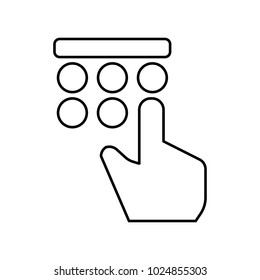 Linear illustration of a hand icon on the buttons, pin code entry,  inflation, cash collection,bank, deposit, savings, investment, purchase, credit, finance, economy, money on white background