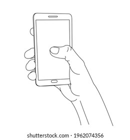 linear illustration hand with phone, isolated drawing smartphone in human palm