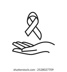 A linear illustration of a hand with a ribbon symbol above it, a sign of support and solidarity.