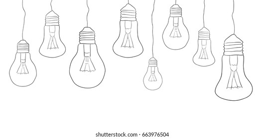 Linear illustration of hanging light bulbs. Border. Vector element for your creativity