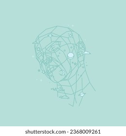 Linear illustration of a head with a universe, suitable for poetry or literary illustrations
