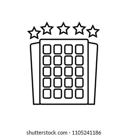 Linear illustration of hotel icon, hotel, overnight, all inclusive, sea, five stars, sun, tourism, vacation, summer, trip on a white background.