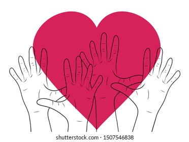 Linear illustration of human hands with big heart. International day of friendship and kindness. The unity of people. Vector element for cards, invitations, templates and your creativity.