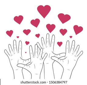 Linear illustration of human hands with hearts. International day of friendship and kindness. The unity of people. Vector element for cards, invitations, templates and your creativity.