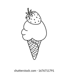 Linear illustration of ice cream with strawberry on top. Ice cream in a waffle.