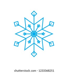 Linear illustration icon blue snowflake, winter, frost, cold, snow, new year, christmas, santa claus, ice, six-pointed blue snowflake on a white background.