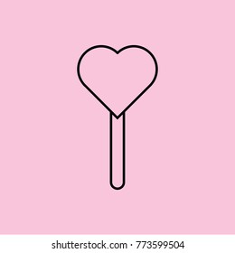 Linear illustration icon candy in the shape of a heart on a stick, lollipop heart on a stick, fall in love, valentine's day, love, holiday of love on a pink background.