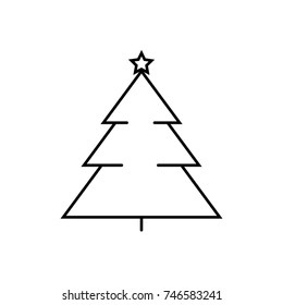 Linear illustration of an icon of a Christmas tree with a star for winter on a white background.