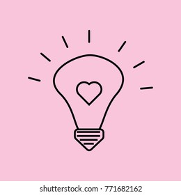 Linear illustration icon light bulb with heart, fall in love, idea of love, valentine's day, love, holiday of love on a pink background.