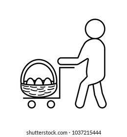 Linear illustration icon of a man with a basket of eggs, basket with eggs on a cart, Easter, holiday, holy holiday, Christianity, orthodoxy, catholic holiday, resurrection on a white background