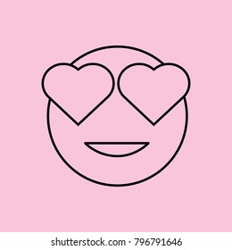 Linear illustration icon smiley with heart, smiley with hearts instead of eyes, enamored smiley, smiley about love, love, heart, valentine's day on a pink background.