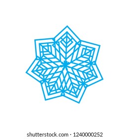 Linear illustration icon of snowflake, snow, winter, frost, cold, new year, christmas, Santa Claus, ice, six-pointed blue snowflake on a white background.