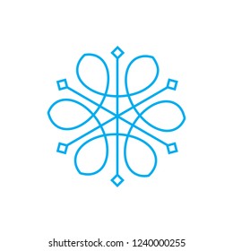 Linear illustration icon of snowflake, snow, winter, frost, cold, new year, christmas, Santa Claus, ice, blue snowflake on a white background.
