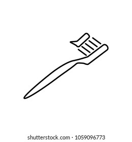 Linear illustration icon toothbrush, teeth brushing, gel, hygiene, toothpaste, spa, bath accessories, foam, care, toothbrush, toothbrush with toothpaste on white background.