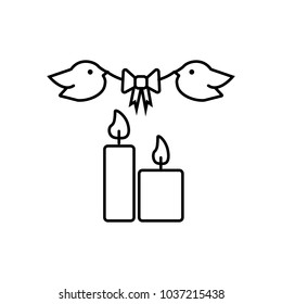 Linear illustration icon two candles with two birds and a bow, birds, bow, candle, holy,easter, holy holiday, christianity, church, orthodoxy, catholic holiday, resurrection on a white background.