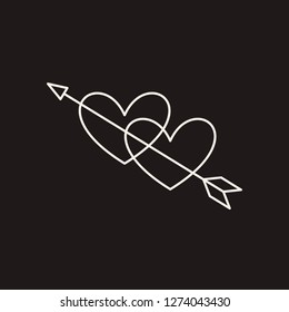 Linear illustration of an icon of two hearts pierced by an arrow, hearts and arrow, love between a man and a woman, fall in love, Valentine's Day, love, a holiday of love on a black background.