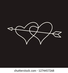 Linear illustration of an icon of two hearts pierced by an arrow, hearts and arrow, love between a man and a woman, fall in love, Valentine's Day, love, a holiday of love on a black background.