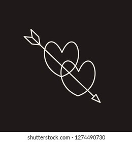 Linear illustration of an icon of two hearts pierced by an arrow, hearts and arrow, love between a man and a woman, fall in love, Valentine's Day, love, a holiday of love on a black background.