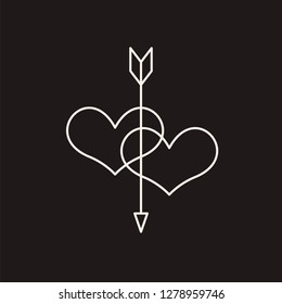 Linear illustration of an icon of two hearts pierced by an arrow, hearts and arrow, love between a man and a woman, fall in love, Valentine's Day, love, a holiday of love on a black background