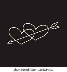 Linear illustration of an icon of two hearts pierced by an arrow, hearts and arrow, love between a man and a woman, fall in love, Valentine's Day, love, a holiday of love on a black background