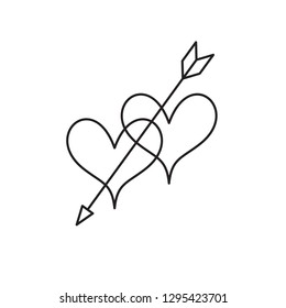 Linear illustration of an icon of two hearts pierced by an arrow, hearts and arrow, love between a man and a woman, fall in love, Valentine's Day, love, a holiday of love on white background.